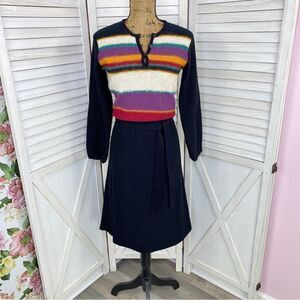 Vintage 70s DeJaVu Striped Knit Fit & Flare Dress Black Multi Medium Long Sleeve